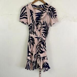 MICHAEL STARS pink and navy leaf print short sleeve wrap dress